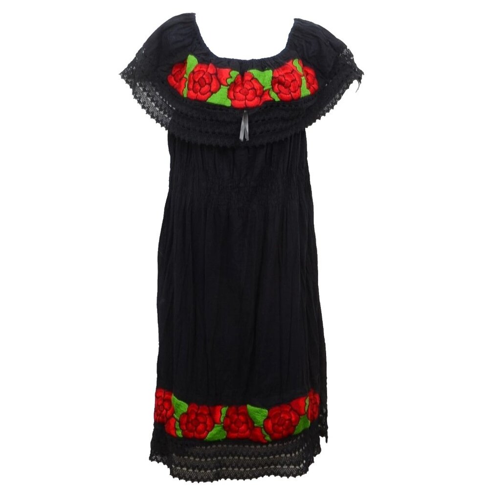 Peasant Milk Maid Red Rose Embroidered‎ Off Shoulder Dress Lace Trim Size XL